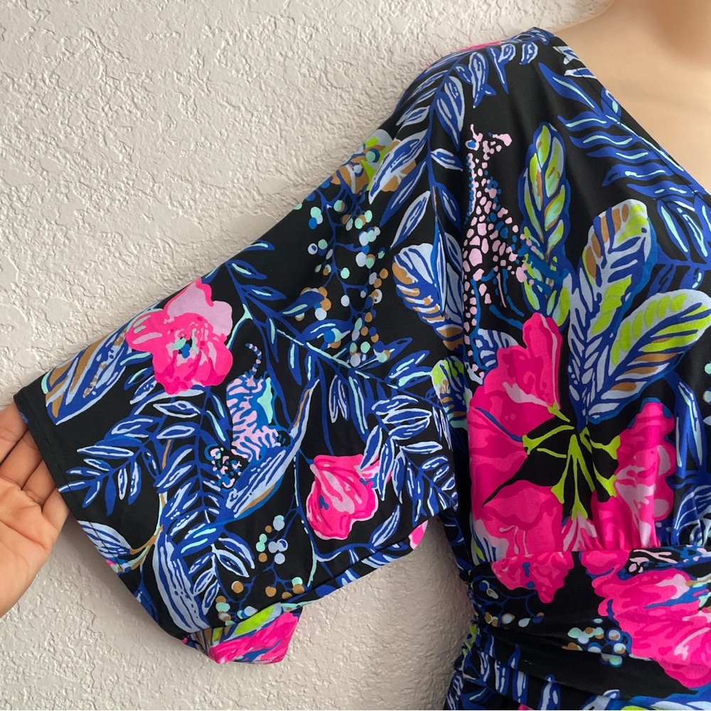 Lilly Pulitzer Parigi Meridian Vibrant Black Floral Midi Dress SMALL Kimono Slit - Picture 7 of 9